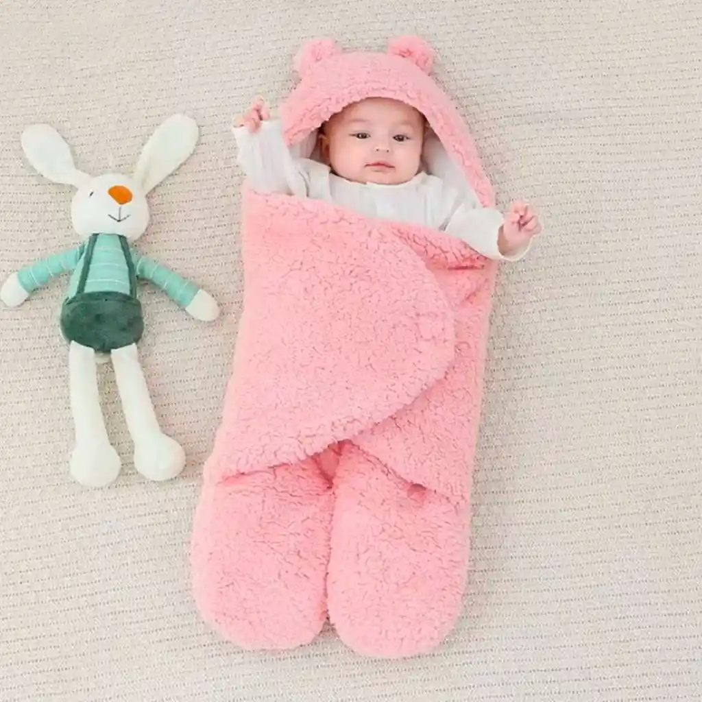 Sleeping Rosa Con Orejitas Para Recién Nacido, Saco De Dormir Con Cierre Por Velcro, Cobertor Hecho En Material Cálido E Hipoalergénico