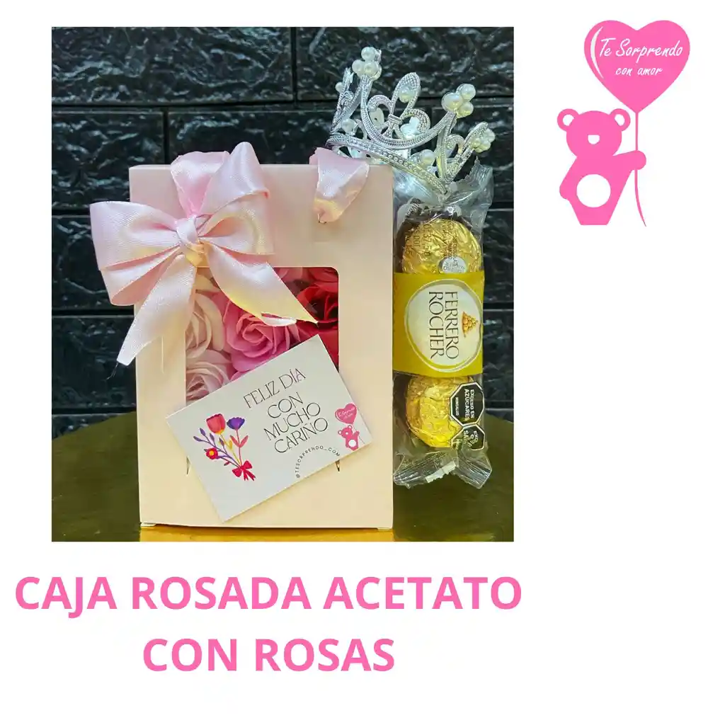 Caja Rosada Acetato Con Rosas Artificiales Y Chocolate