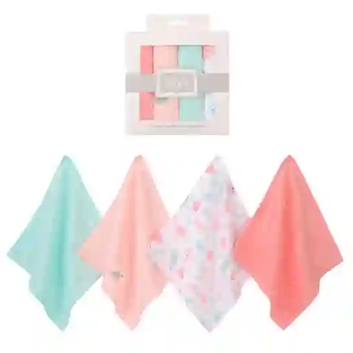 Set En Caja De Babitas Rosa / Verde Menta En Algodón X4 Unidades, Paquete De Toallitas De Diferentes Colores Y Diseños Para Bebés, Hechas En Material Suave Y Absorbente, De Tamaño Ideal Para Llevar A Todos Lados - Hudson Baby