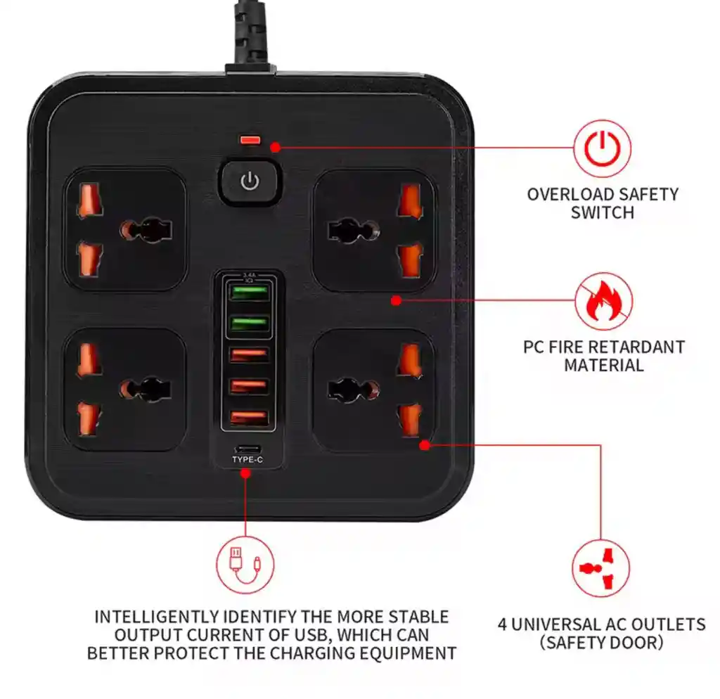 Estabilizador Multitoma De Corriente Regleta 110v Usb Y Usb-c