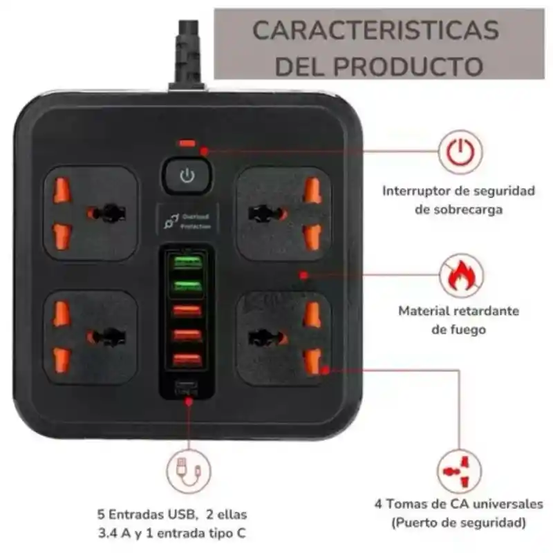 Estabilizador Multitoma De Corriente Regleta 110v Usb Y Usb-c