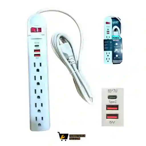 Multitoma 5 Servicios + 2 Usb + 1 Tipo C De 1.8 Metros
