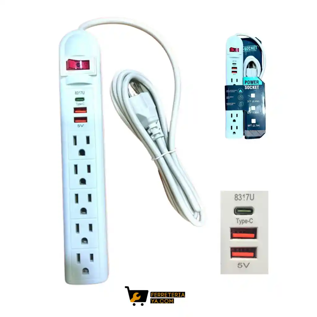 Multitoma 5 Servicios + 2 Usb + 1 Tipo C De 1.8 Metros