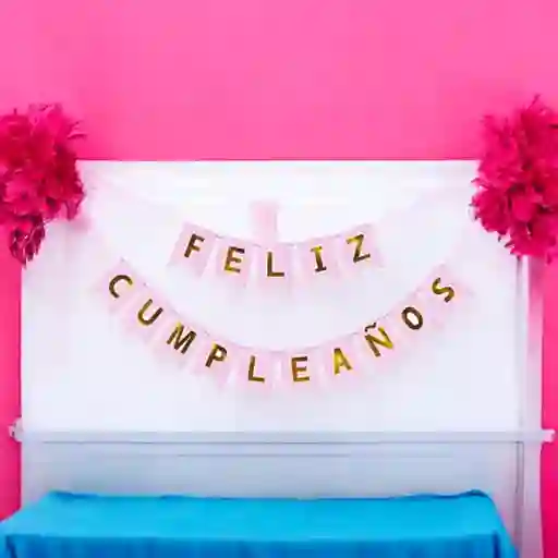 Letrero-banderin Feliz Cumpleaños Rosa Letras Doradas