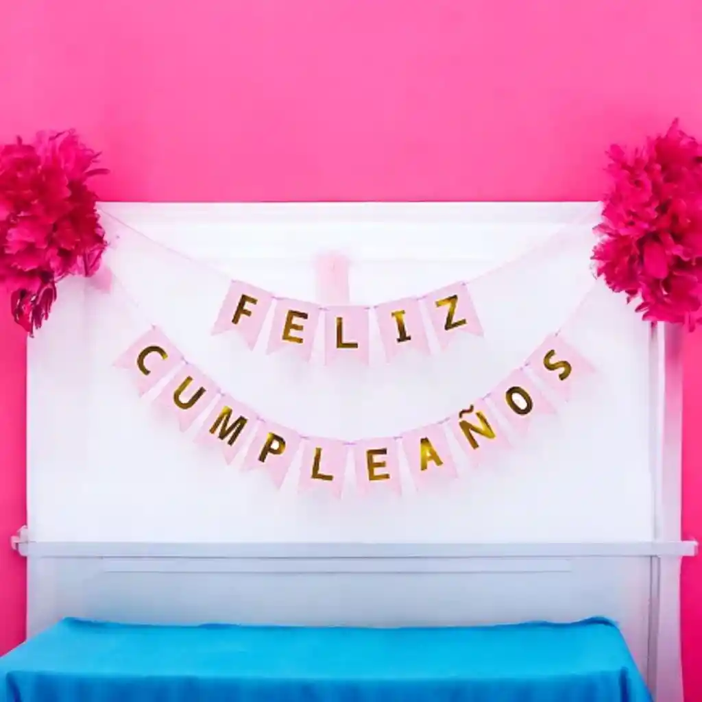 Letrero-banderin Feliz Cumpleaños Rosa Letras Doradas