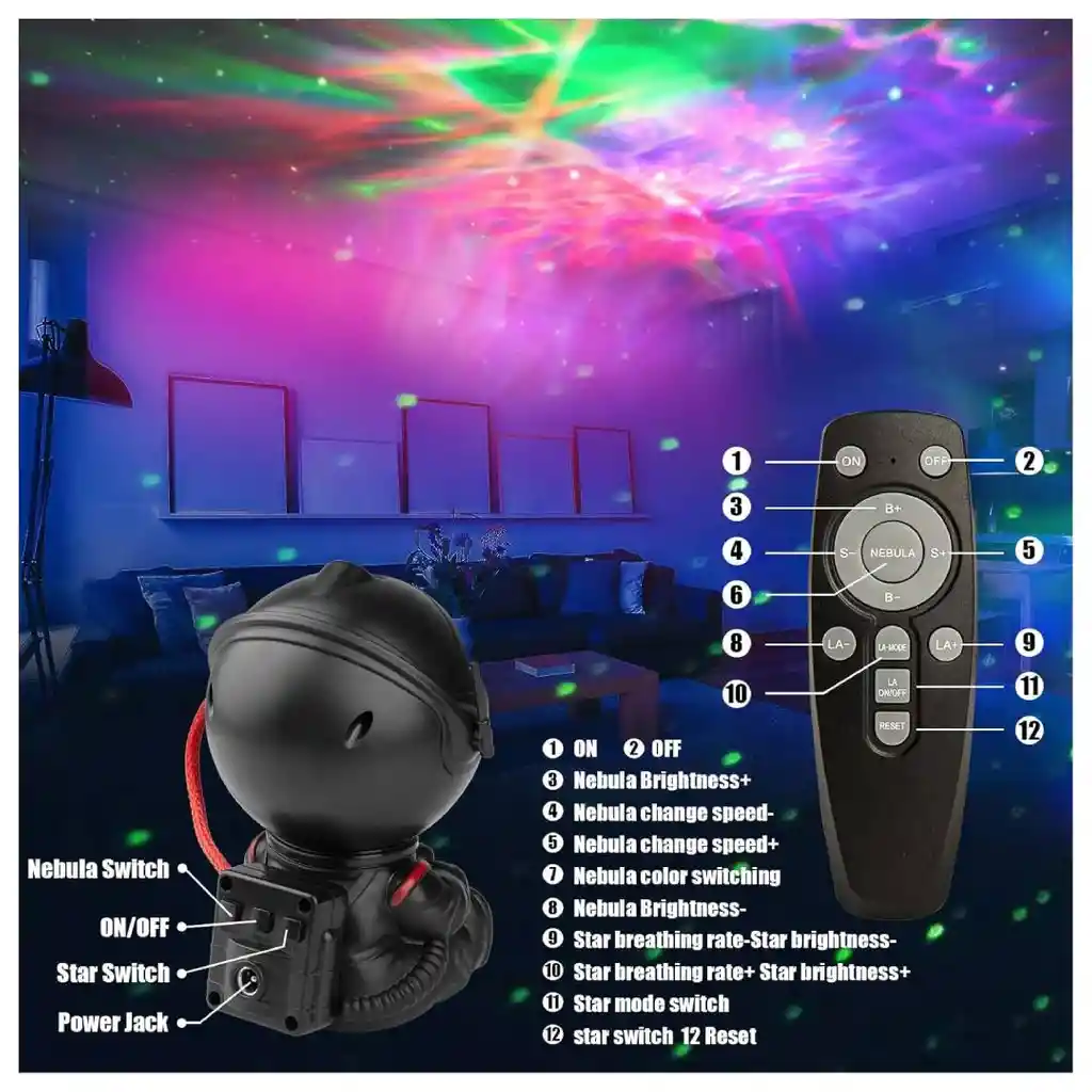 Proyector Astronauta Galaxia Luz Nocturna 360° Con Control