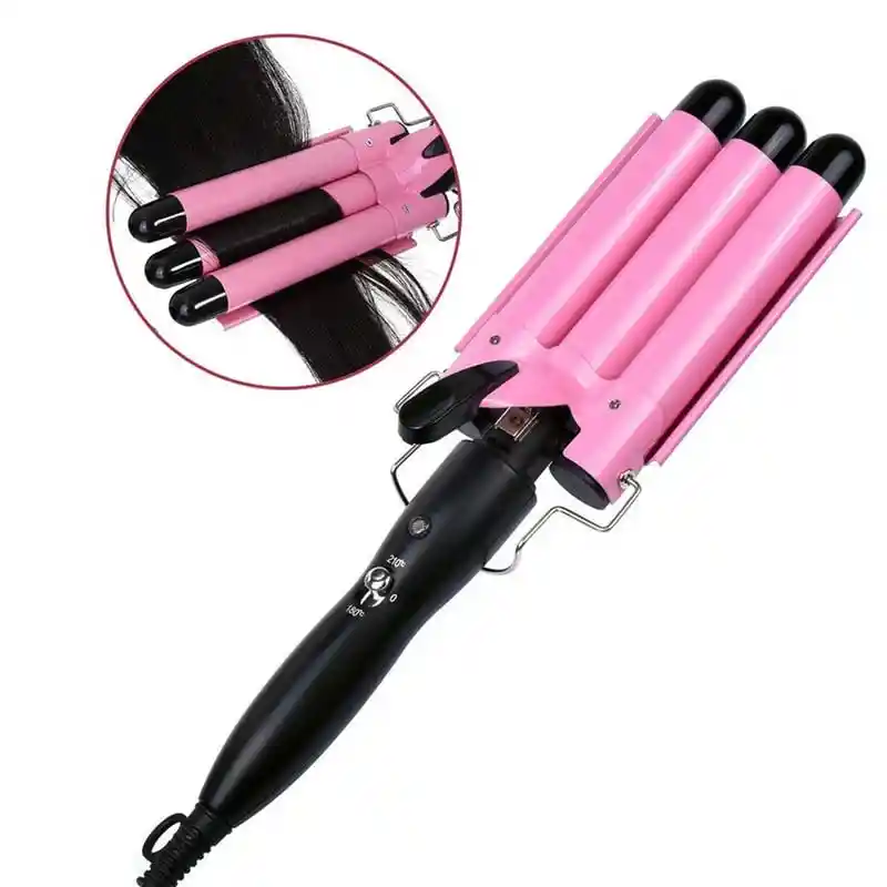 Pinza Ondas De Sirena Rizador Cabello Ondulador 3 Tubos Encrespador Rosa Negro