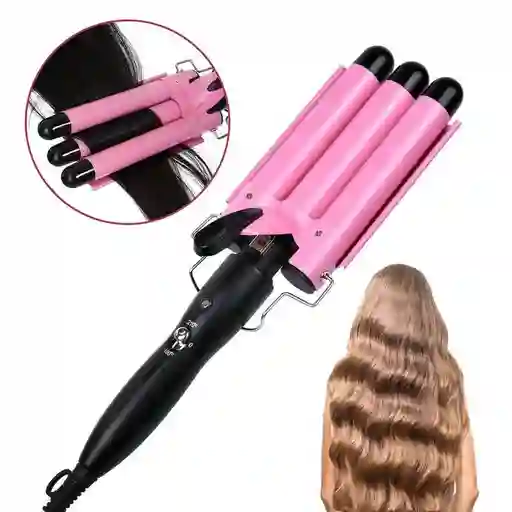 Pinza Ondas De Sirena Rizador Cabello Ondulador 3 Tubos Encrespador Rosa Negro