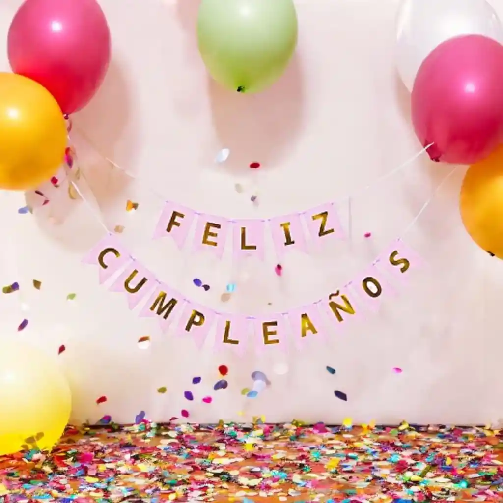 Letrero-banderin Feliz Cumpleaños Rosa Letras Doradas