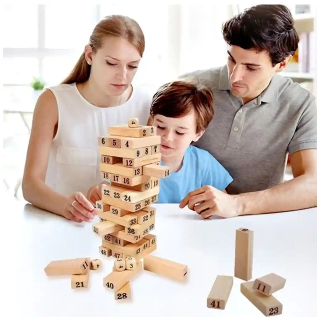 Juego De Mesa Torre Jenga 54 Bloques 4 Dados Madera Niños Y Adultos