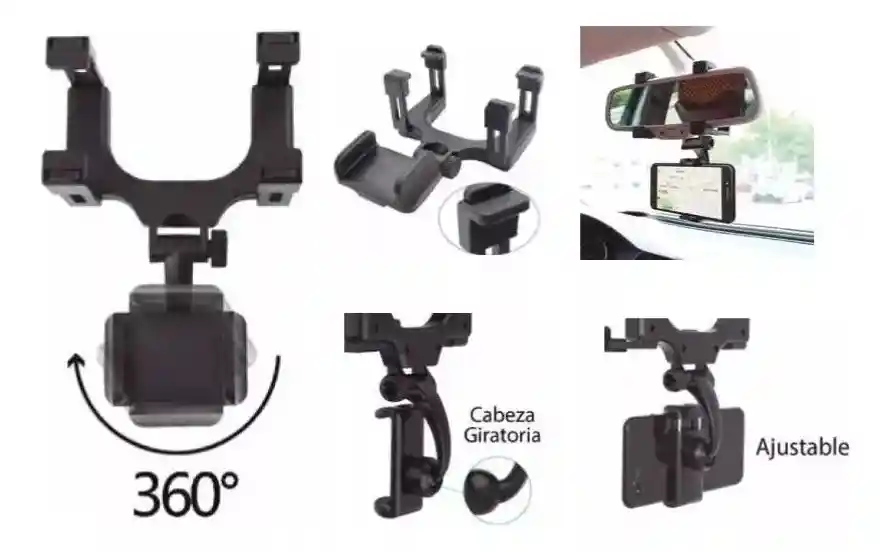 Soporte Celular 360 Espejo Holder Rotatorio Auto Portatil Color Negro