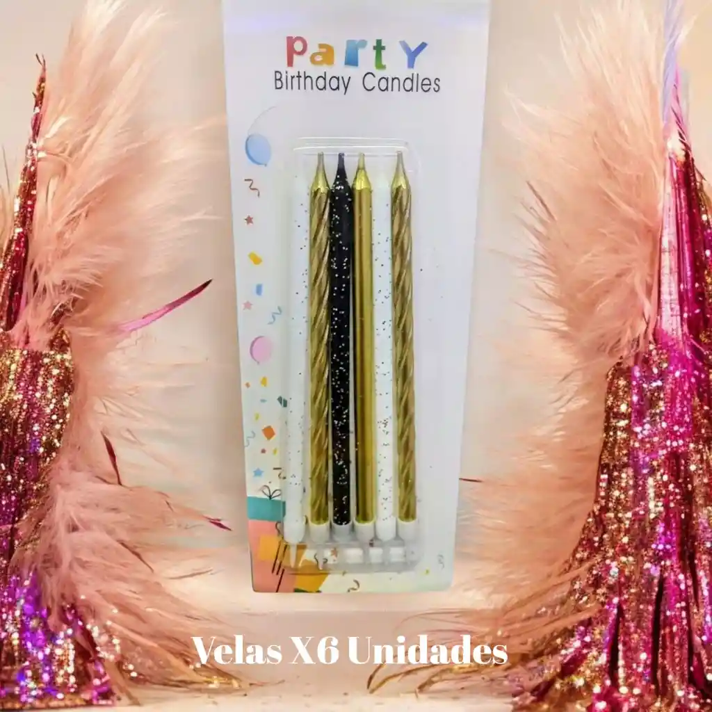 Velas Decorativas X6 Unidades Blanca, Negro Y Dorado + Base