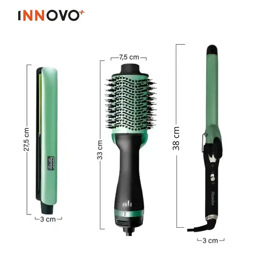 Tri Combo Hair Avocado Cepillo Secador + Plancha Cabello + Rizadora Tubo + Obsequio Toalla Microfibra Cabello