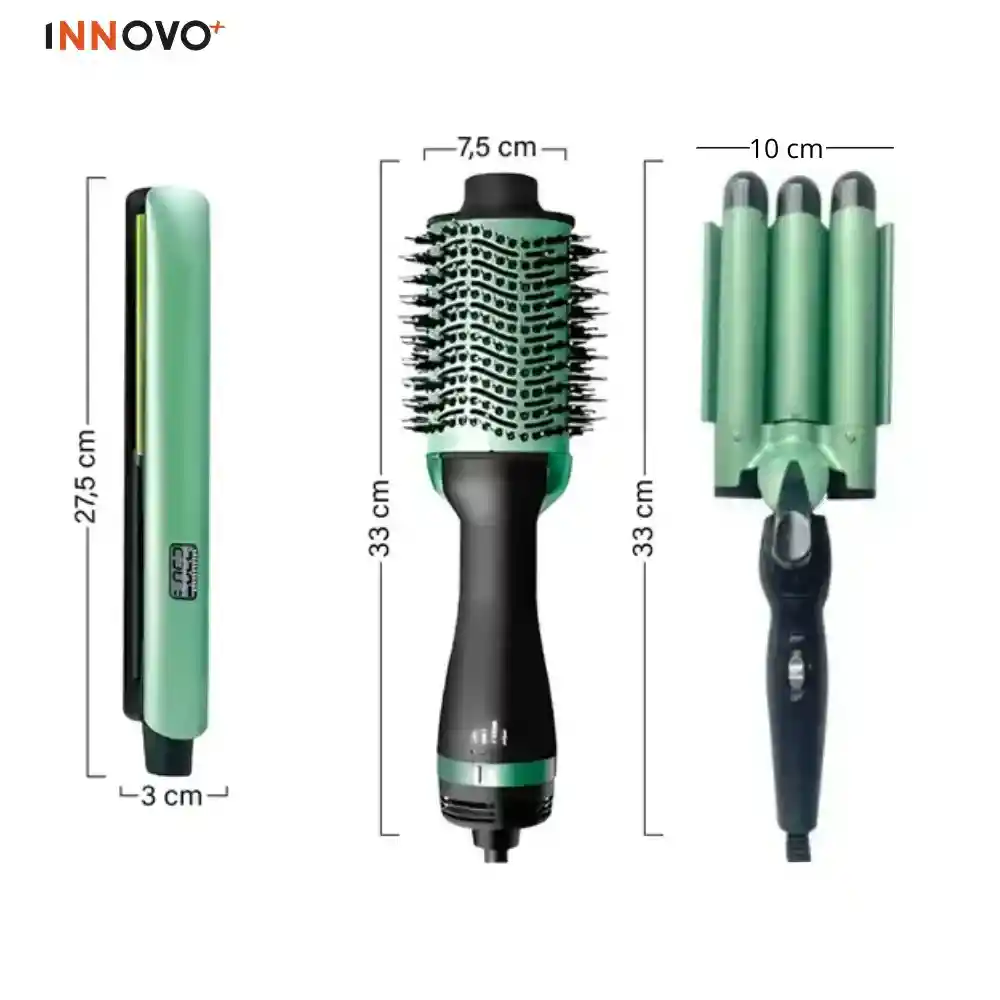 Tri Combo Aguacate Cepillo Secador + Plancha Cabello + Pinza Sirena + Obsequio Toalla Microfibra Cabello