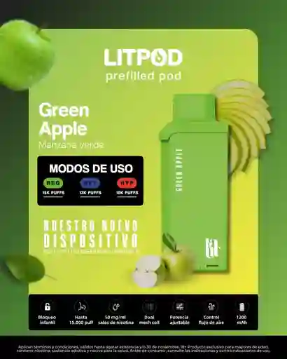 Lit Pod Green Apple 15k Puff (no Incluye Bateria)