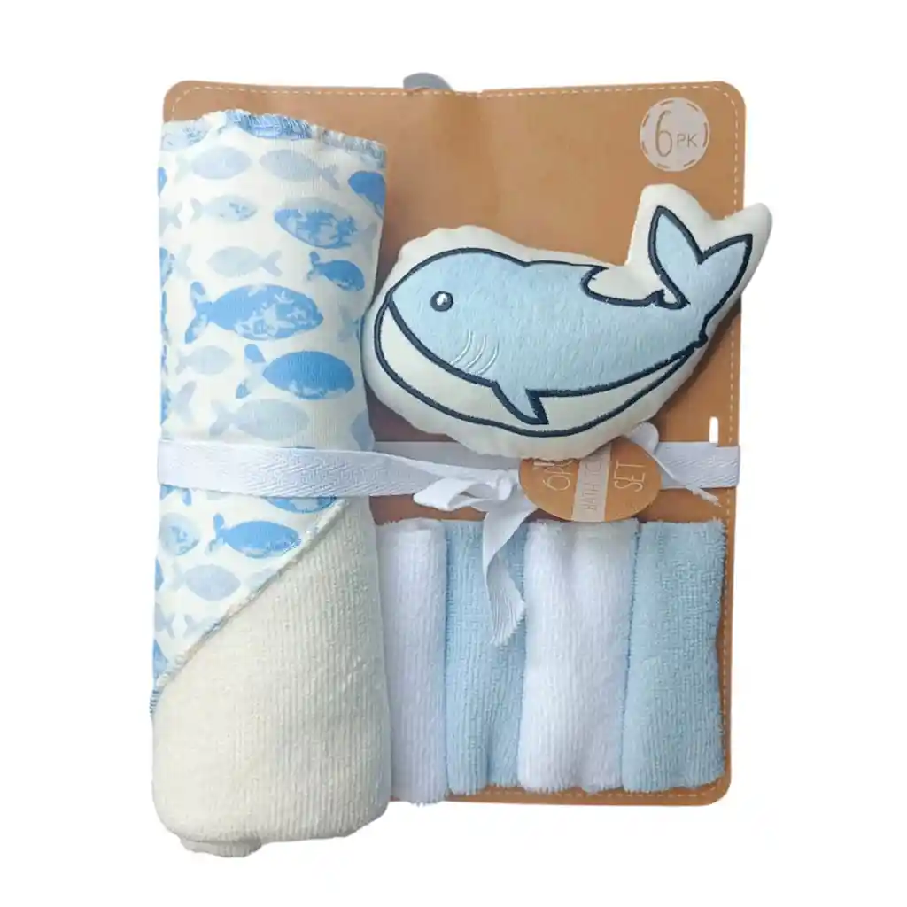 Kit De Baño Tiburón 6pz Con Toalla Con Capucha Y Babitas, Set De Toalla Con Capucha, Paquete De 4 Babitas Para Bebé, Una Esponja Con Diseño Animado