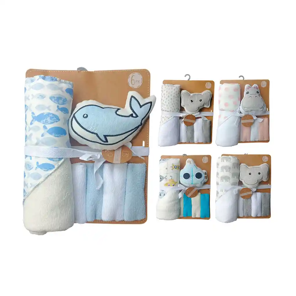 Kit De Baño Hipopótamo 6pz Con Toalla Con Capucha Y Babitas, Set De Toalla Con Capucha, Paquete De 4 Babitas Para Bebé, Una Esponja Con Diseño Animado