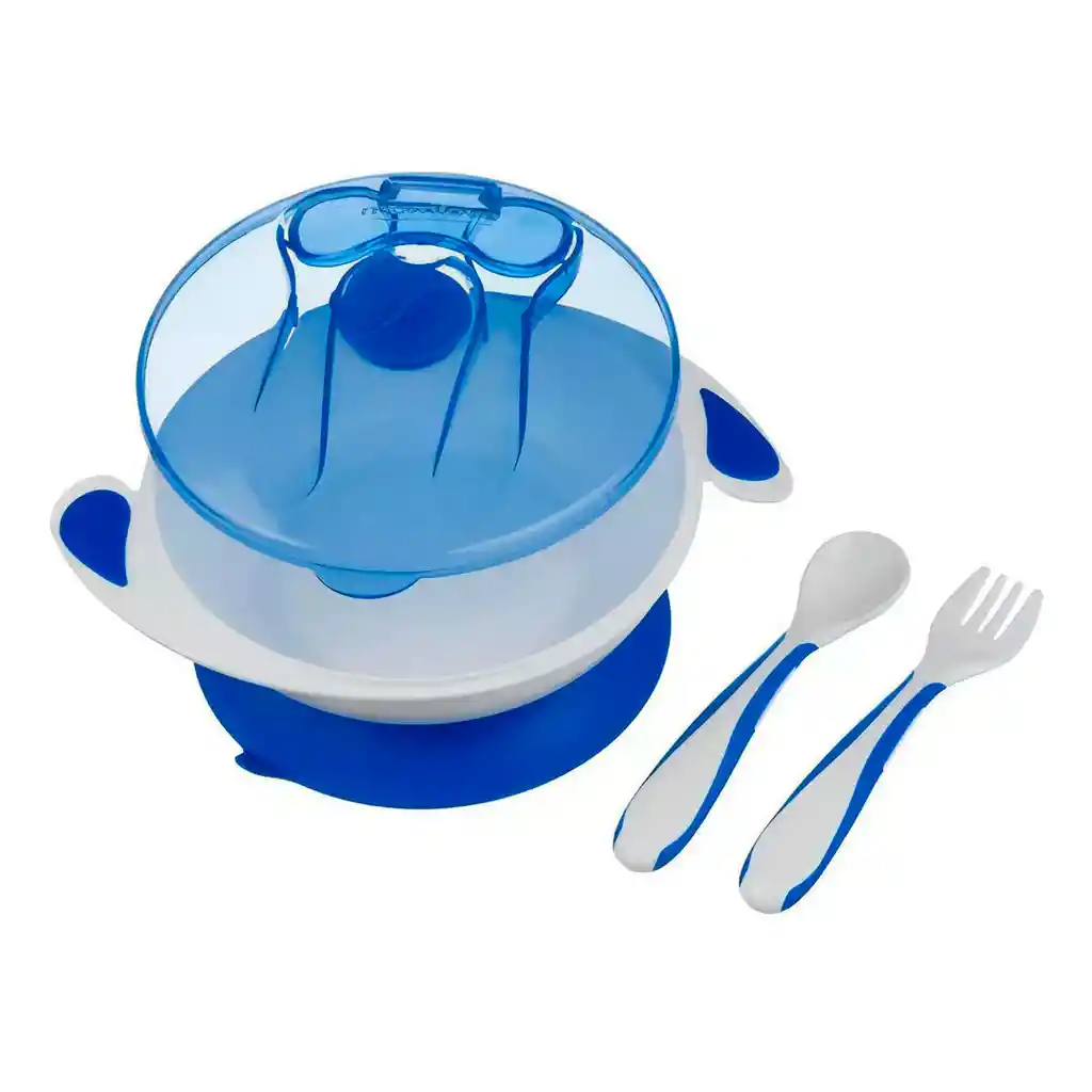 Set De Vajilla Azul Oscuro Que Incluye Cubiertos Y Tapa, Con Base De Succión, Desmontable Para Facilitar Su Limpieza, Tapa Para Guardar Los Cubiertos - Mumlove