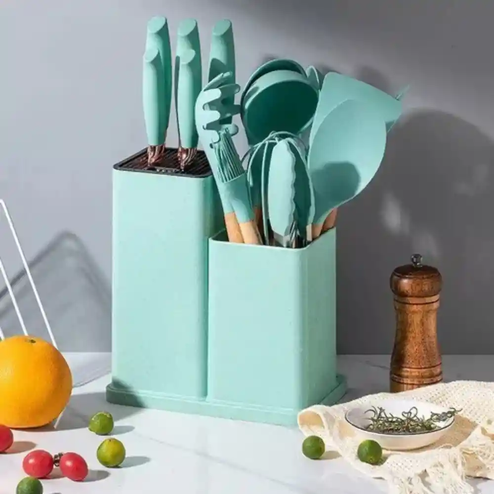 Set X19 Utensilios Cuchillos Para Cocina Con Tabla Para Picar Verde