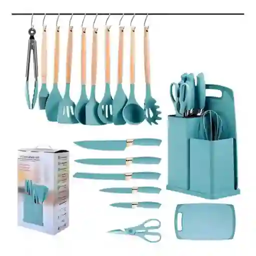 Set X19 Utensilios Cuchillos Para Cocina Con Tabla Para Picar Verde