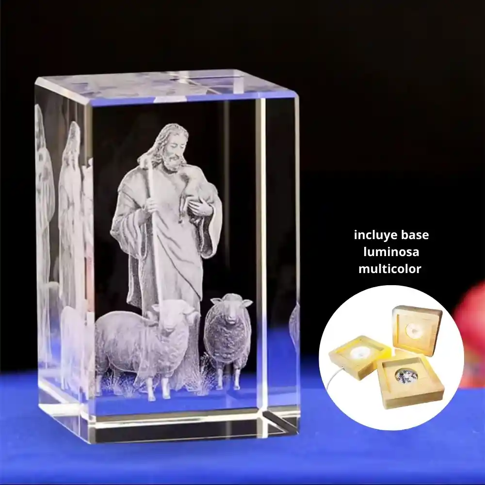 Lampara Cubo De Cristal 3d Base De Madera Luz Multicolor Jesus Pastor