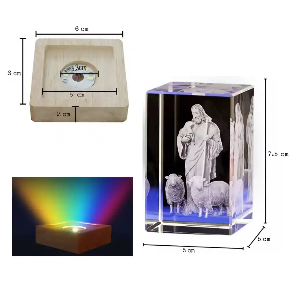 Lampara Cubo De Cristal 3d Base De Madera Luz Multicolor Jesus Pastor