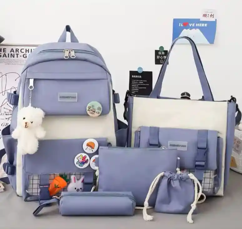 Mochila Escolar X 5 Piezas Combo Set Kawaii