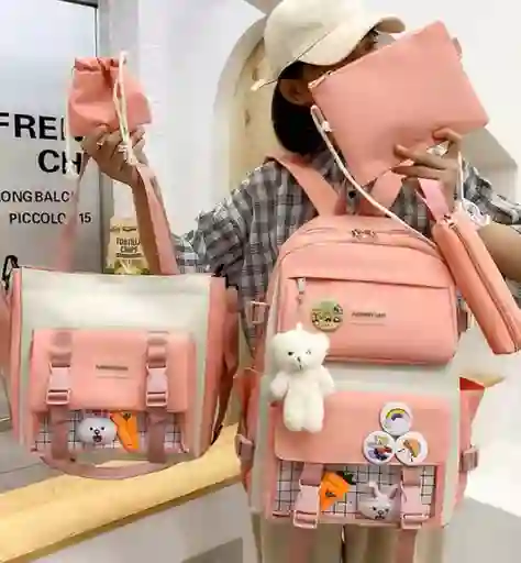 Mochila Escolar X 5 Piezas Combo Set Kawaii