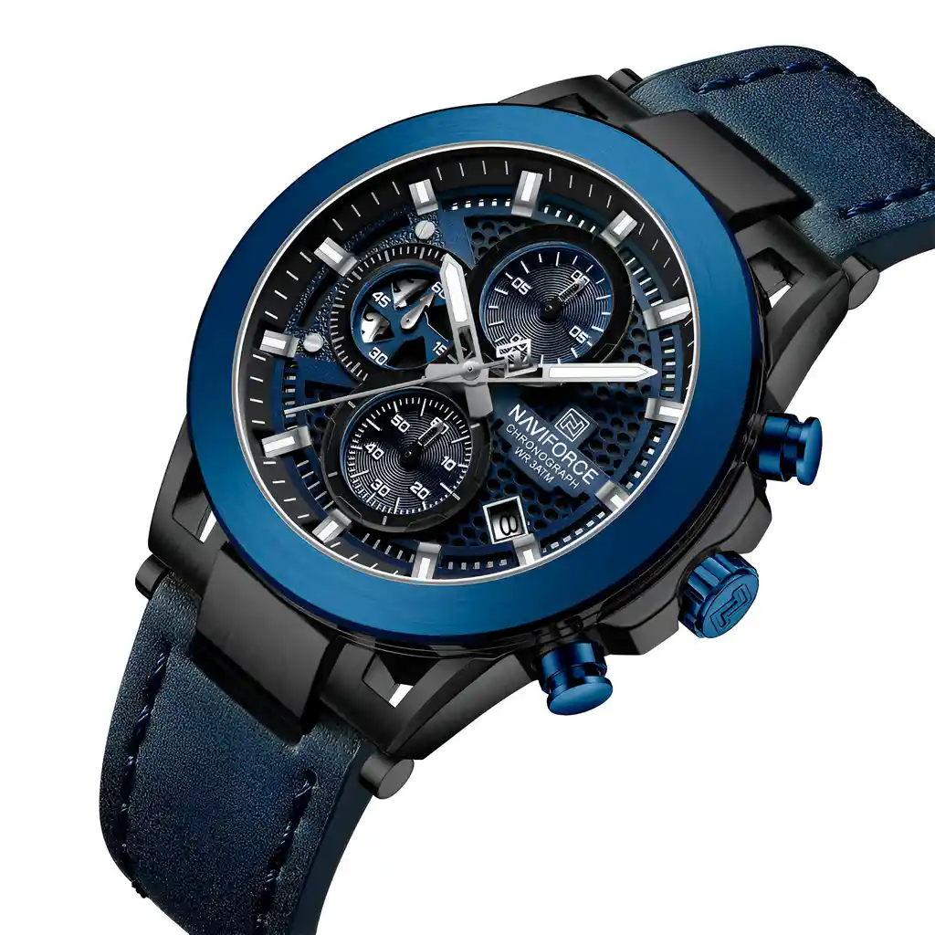 Reloj Naviforce Casual Nf8073 Crono Hombre Cuero + Estuche