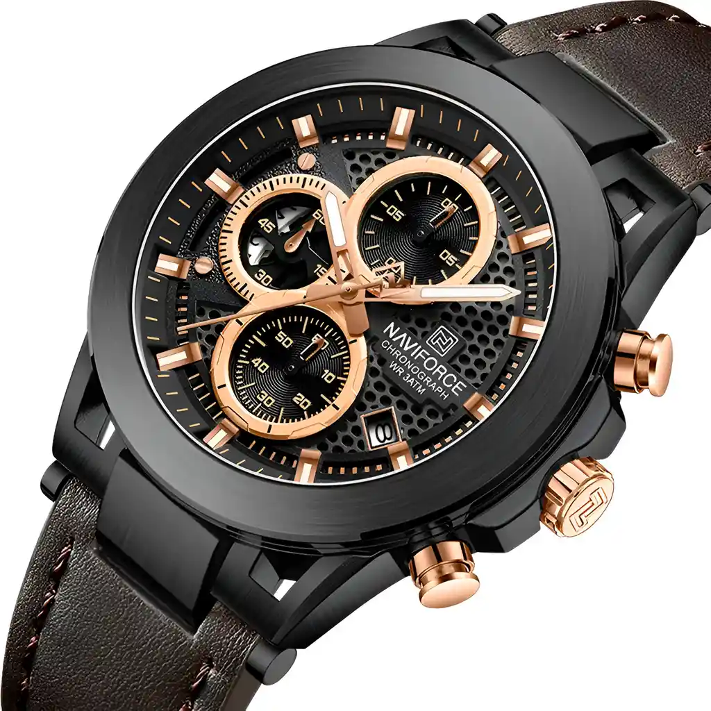 Reloj Naviforce Casual Nf8073 Crono Hombre Cuero + Estuche
