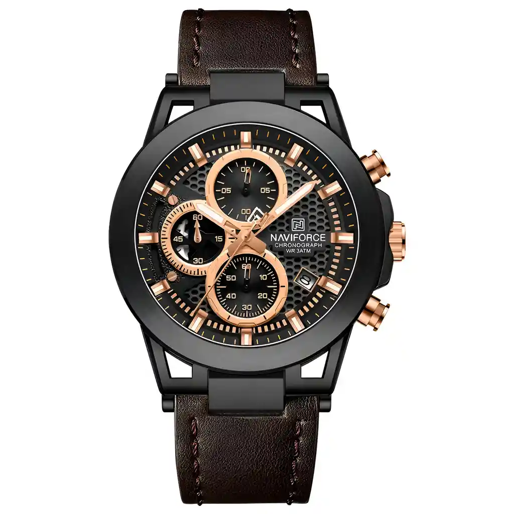 Reloj Naviforce Casual Nf8073 Crono Hombre Cuero + Estuche