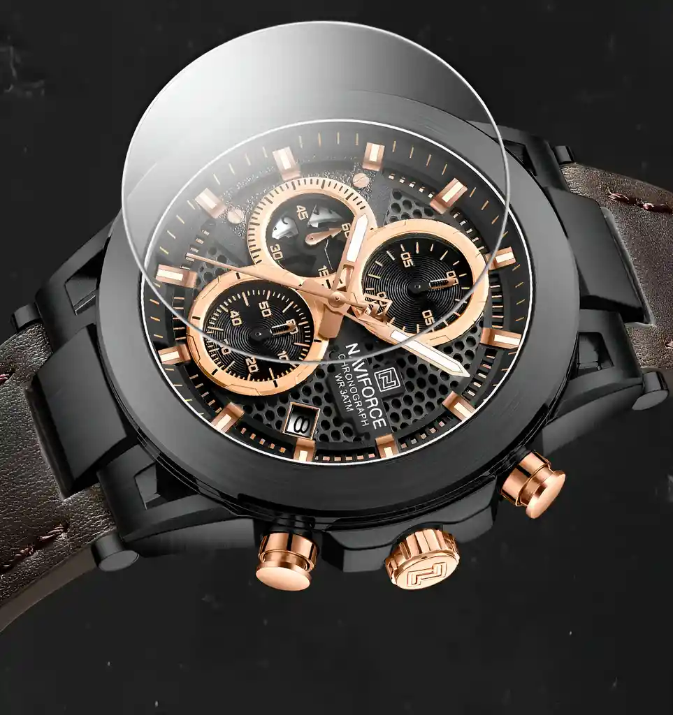 Reloj Naviforce Casual Nf8073 Crono Hombre Cuero + Estuche