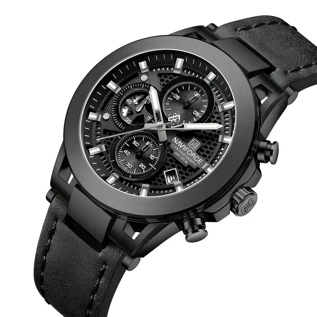 Reloj Naviforce Casual Nf8073 Crono Hombre Cuero + Estuche