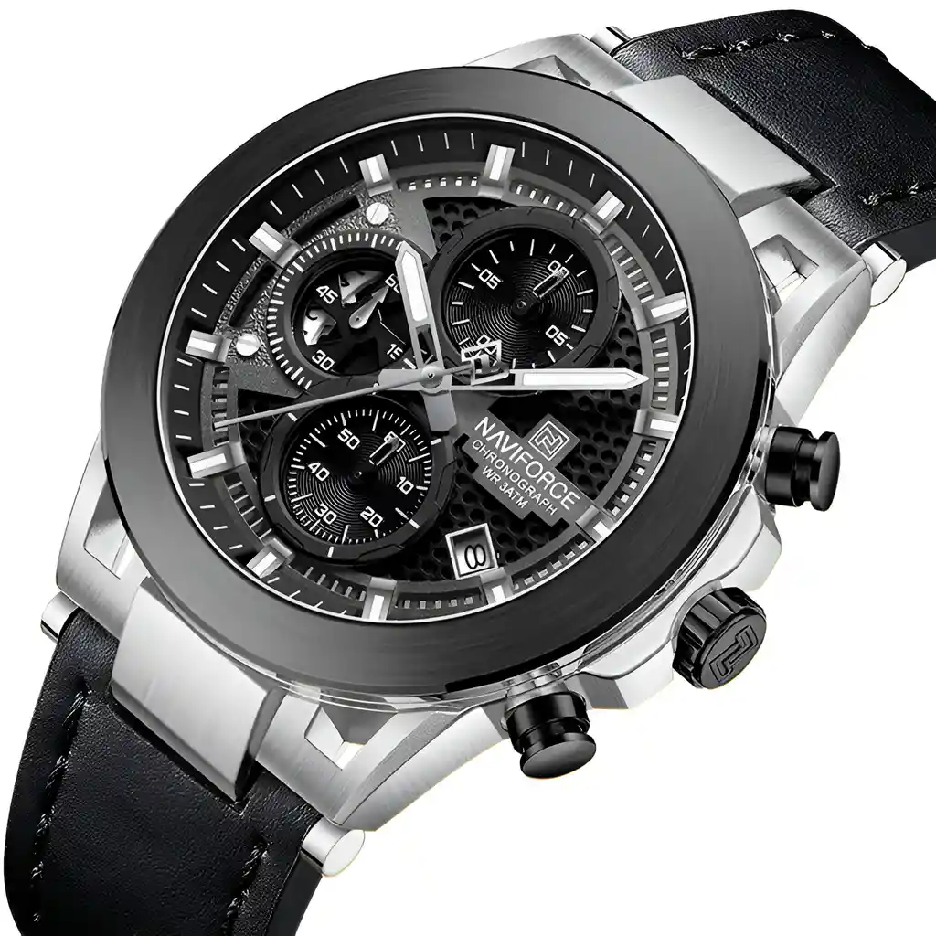 Reloj Naviforce Casual Nf8073 Crono Hombre Cuero + Estuche