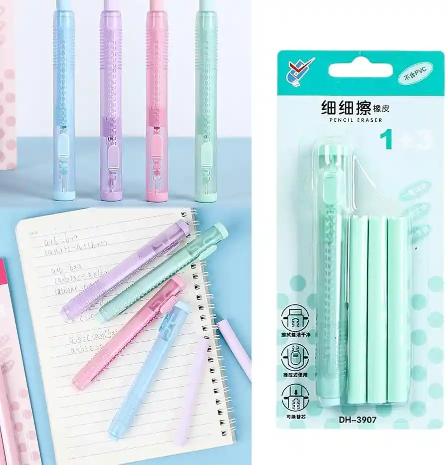 Borrador Retractil Con 3 Repuestos Verde Y Rosado