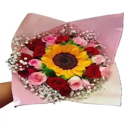 Ramo Con Girasol, 16 Rosas Y Gypso Blanca - Amanecer De Amor