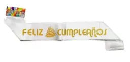 Banda Feliz Cumpleaños Cinta Blanco Letra Dorada