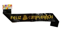 Banda Feliz Cumpleaños Cinta Negro Letra Dorada