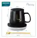 Taza Mug Pocillo Cerámica Base Electrica Calentadora Bebidas Cuchara Negro