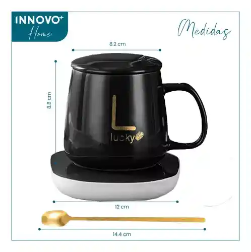 Taza Mug Pocillo Cerámica Base Electrica Calentadora Bebidas Cuchara Negro