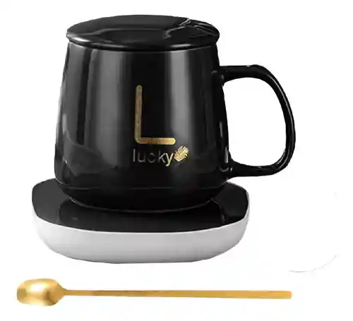 Taza Mug Pocillo Cerámica Base Electrica Calentadora Bebidas Cuchara Negro