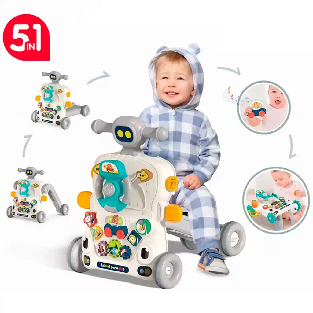 Andadera Y Centro De Actividades Gris Multifuncional 5 En 1, Ajustable A Mesa De Actividades, Scooter Y Bicicleta, Diversos Accesorios Con Luces Y Melodías Para Bebé - Bibi-inn