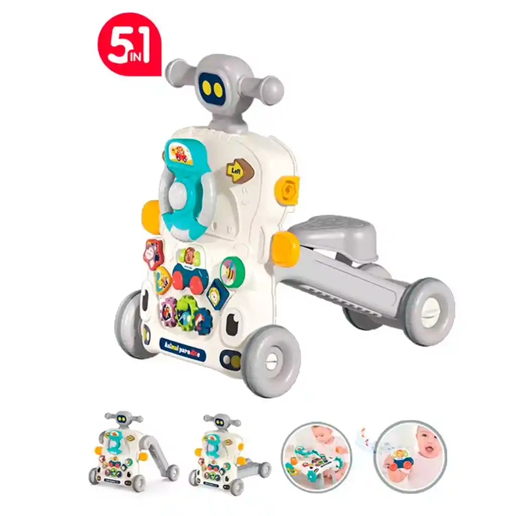 Andadera Y Centro De Actividades Gris Multifuncional 5 En 1, Ajustable A Mesa De Actividades, Scooter Y Bicicleta, Diversos Accesorios Con Luces Y Melodías Para Bebé - Bibi-inn