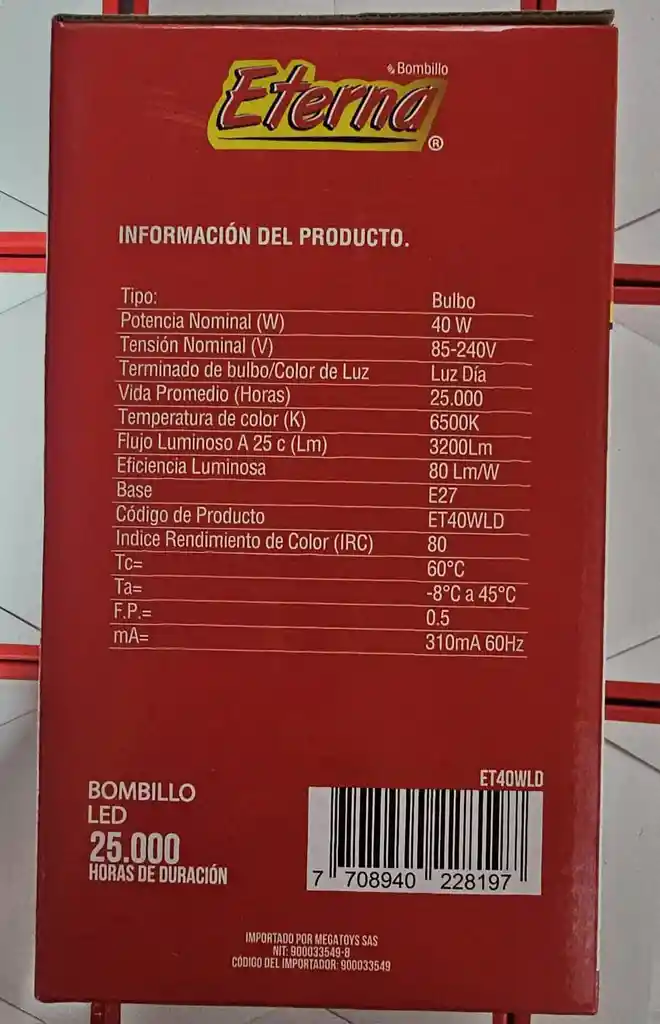 Bombillo Foco Led 40w Ahorrador De Energia A+ Voltaje 85-240v Lux 3200ml Cct 6500k Eterna