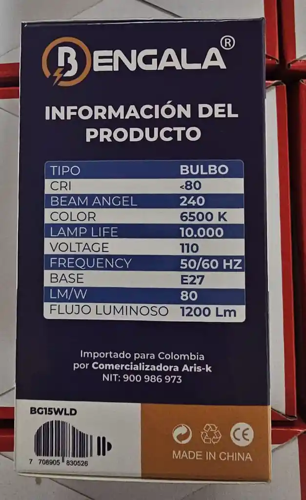 Bombillo Foco Led 15w Ahorrador De Energia A+ Voltaje 85-240v 50/60hz Lux 1200lm Cct6500k Bengala