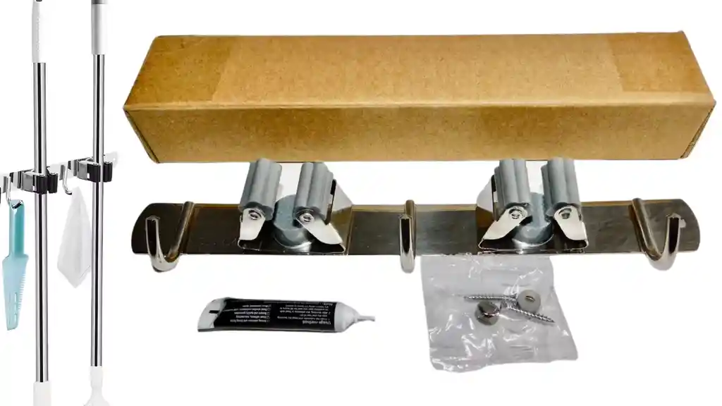 2 Estantes Y 3 Ganchos Soporte De Pared Para Escobas, Traperos, Etc.