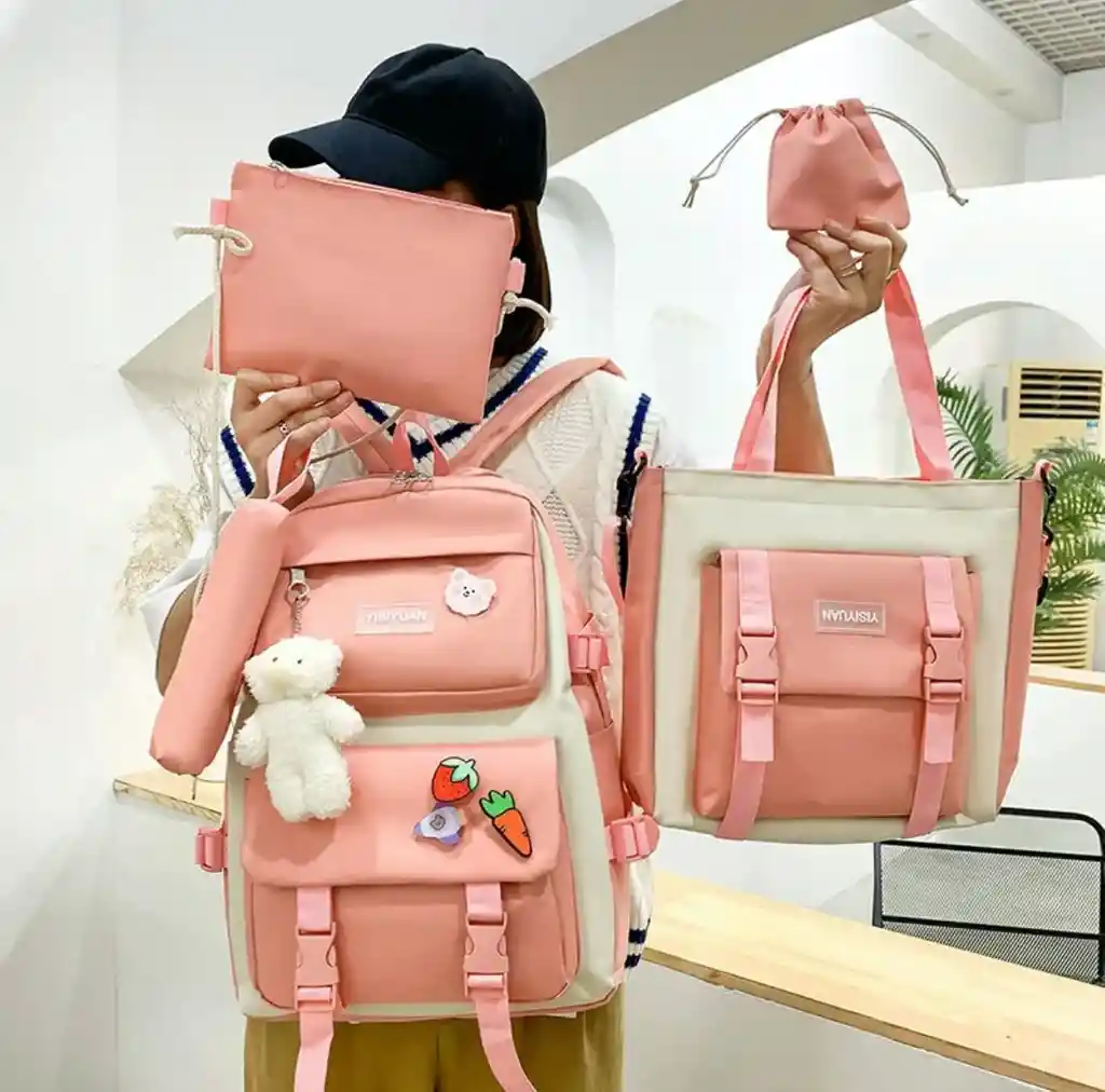 Bolso Morral Viajero Escolar Multifunción 5 Piezas - Rosa