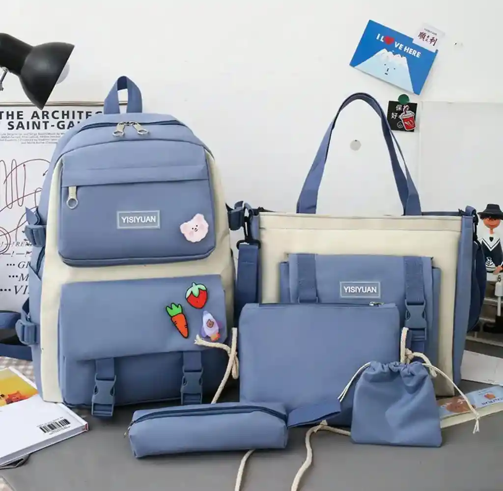 Bolso Morral Viajero Escolar Multifunción 5 Piezas - Azul