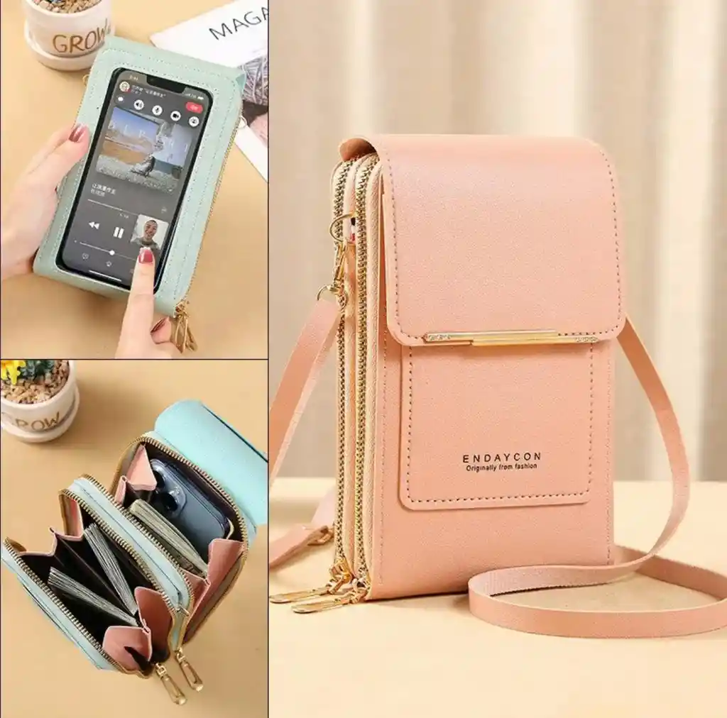 Bolso Billetera Porta Celular Visor Pantalla Táctil - Rosa