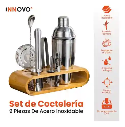 Bartender Coctelera Set Utensilios Bar Inoxidable 9 Piezas Bambú Premium Profesional